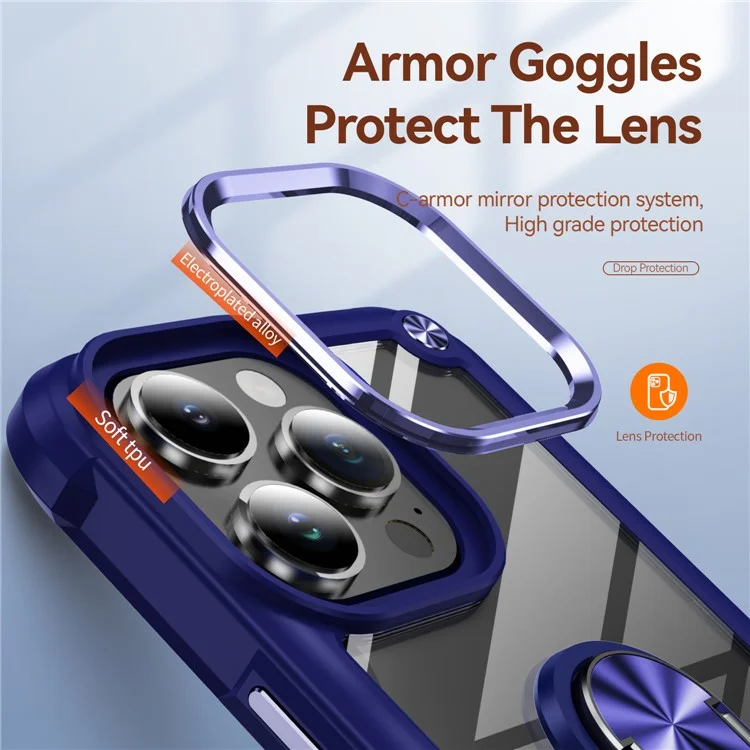 Для iPhone 16 Pro Max Case Alloy Lens Frame PC + TPU Kickstand Phone Back Cover - Sapphire