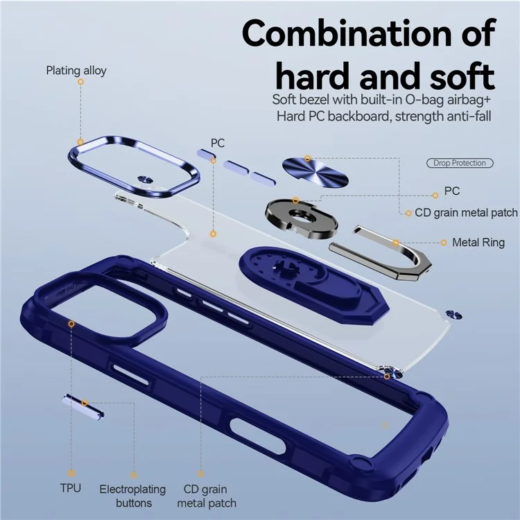 Для iPhone 16 Pro Max Case Alloy Lens Frame PC + TPU Kickstand Phone Back Cover - Sapphire