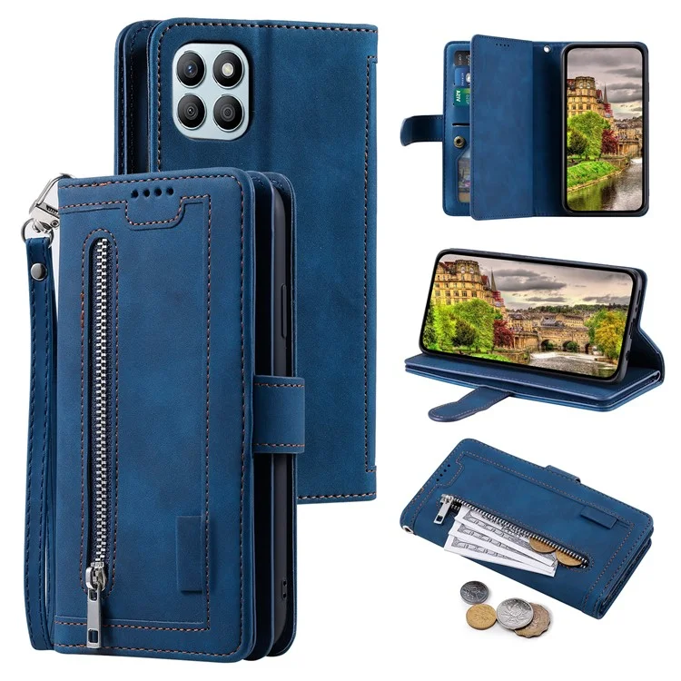 For Honor X6b 4G Étui Housse Coque en Cuir PU avec Fermeture Éclair Portefeuille 9 Fentes Cartes - Bleu