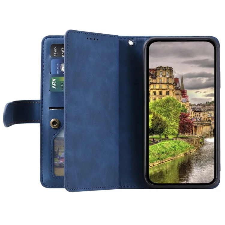 For Honor X6b 4G Étui Housse Coque en Cuir PU avec Fermeture Éclair Portefeuille 9 Fentes Cartes - Bleu
