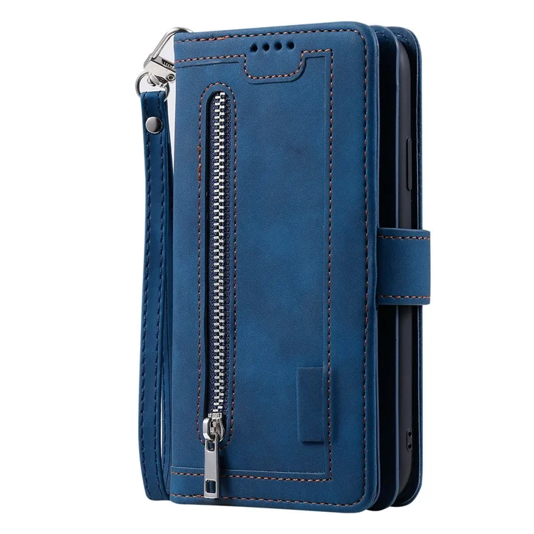 For Honor X6b 4G Étui Housse Coque en Cuir PU avec Fermeture Éclair Portefeuille 9 Fentes Cartes - Bleu