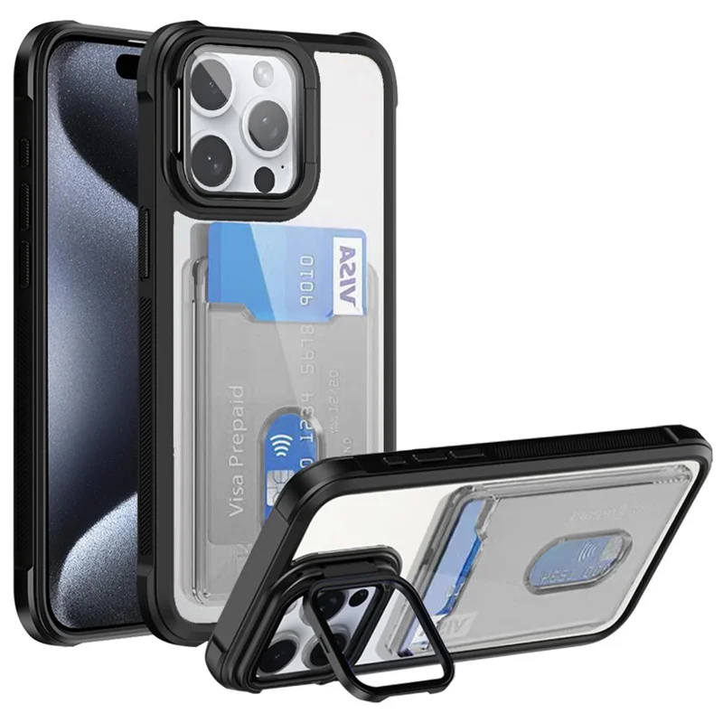 For iPhone 15 Pro Max Case Card Holder Acrylic+TPU+PC Phone Cover with Lens Frame Kickstand - Black