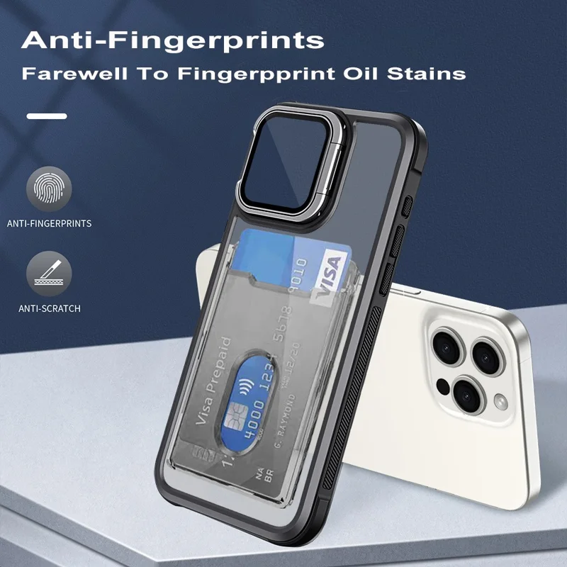 For iPhone 15 Pro Max Case Card Holder Acrylic+TPU+PC Phone Cover with Lens Frame Kickstand - Black