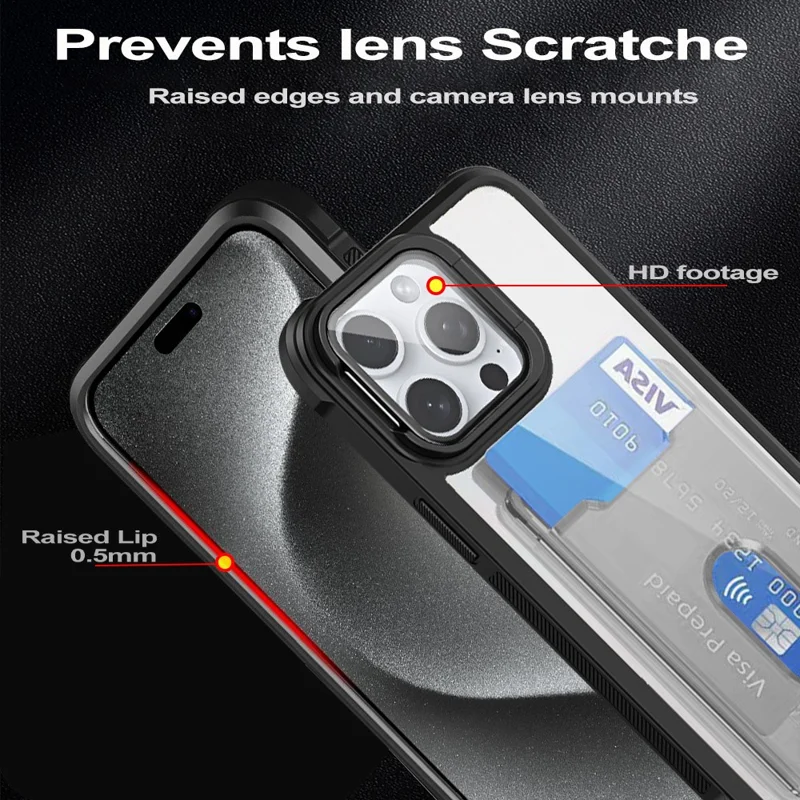 For iPhone 15 Pro Max Case Card Holder Acrylic+TPU+PC Phone Cover with Lens Frame Kickstand - Black