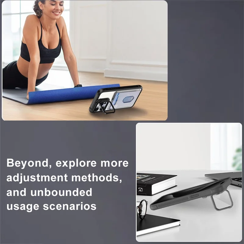 For iPhone 15 Pro Max Case Card Holder Acrylic+TPU+PC Phone Cover with Lens Frame Kickstand - Black