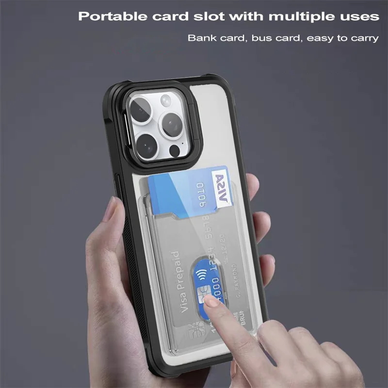 For iPhone 15 Pro Max Case Card Holder Acrylic+TPU+PC Phone Cover with Lens Frame Kickstand - Black