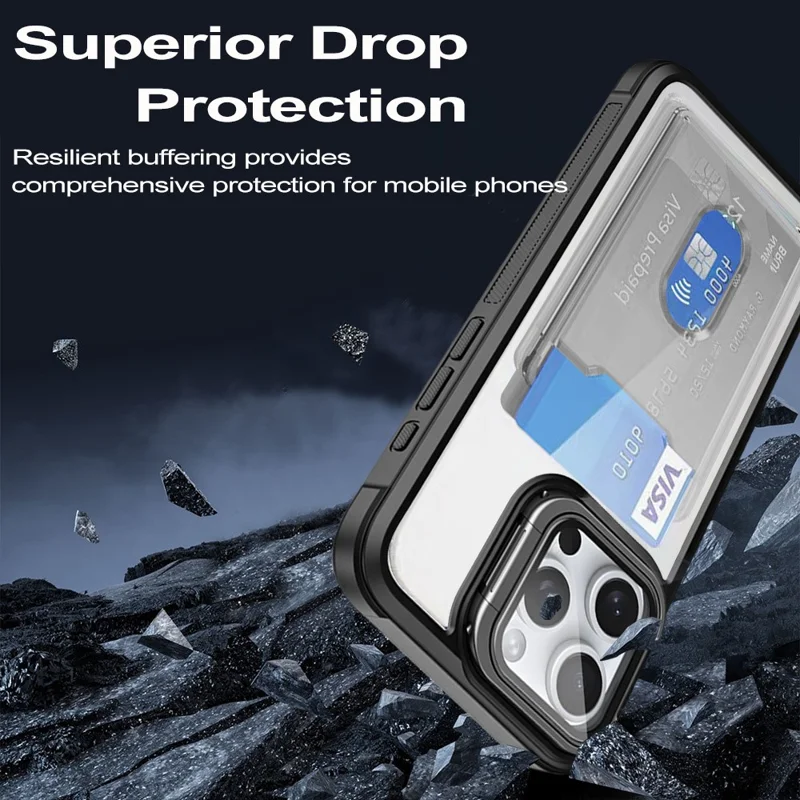 For iPhone 15 Pro Max Case Card Holder Acrylic+TPU+PC Phone Cover with Lens Frame Kickstand - Black