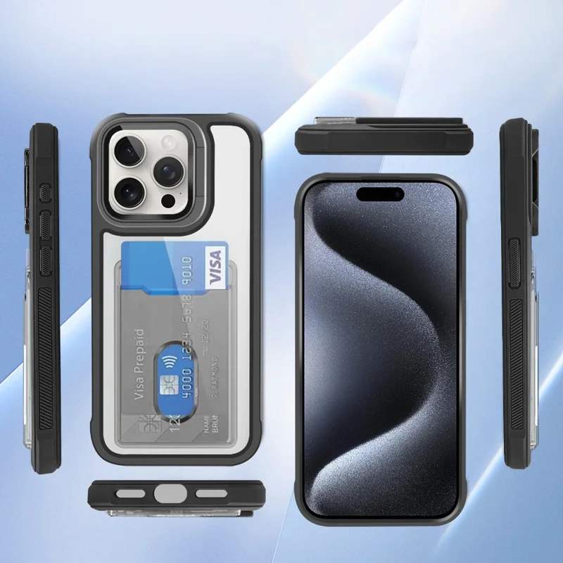 For iPhone 15 Pro Max Case Card Holder Acrylic+TPU+PC Phone Cover with Lens Frame Kickstand - Black