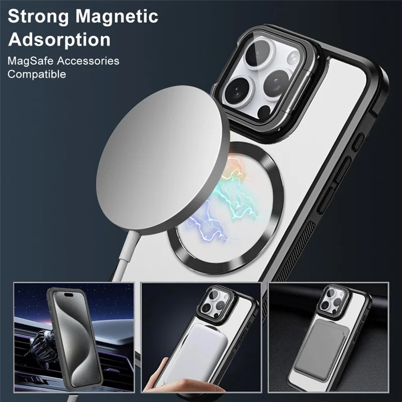 Obudowa na iPhone 15 Pro Max zgodna z MagSafe, z podpórką w ramce obiektywu, pokrywa telefonu akrylowa+TPU - Czarny