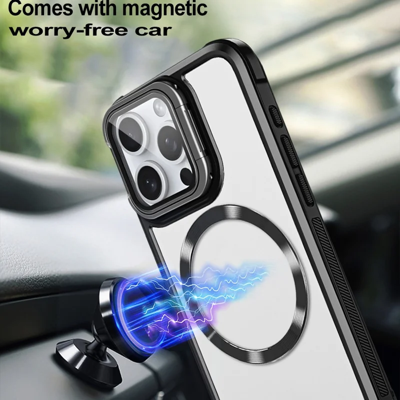 Obudowa na iPhone 15 Pro Max zgodna z MagSafe, z podpórką w ramce obiektywu, pokrywa telefonu akrylowa+TPU - Czarny