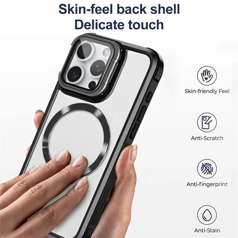 Obudowa na iPhone 15 Pro Max zgodna z MagSafe, z podpórką w ramce obiektywu, pokrywa telefonu akrylowa+TPU - Czarny