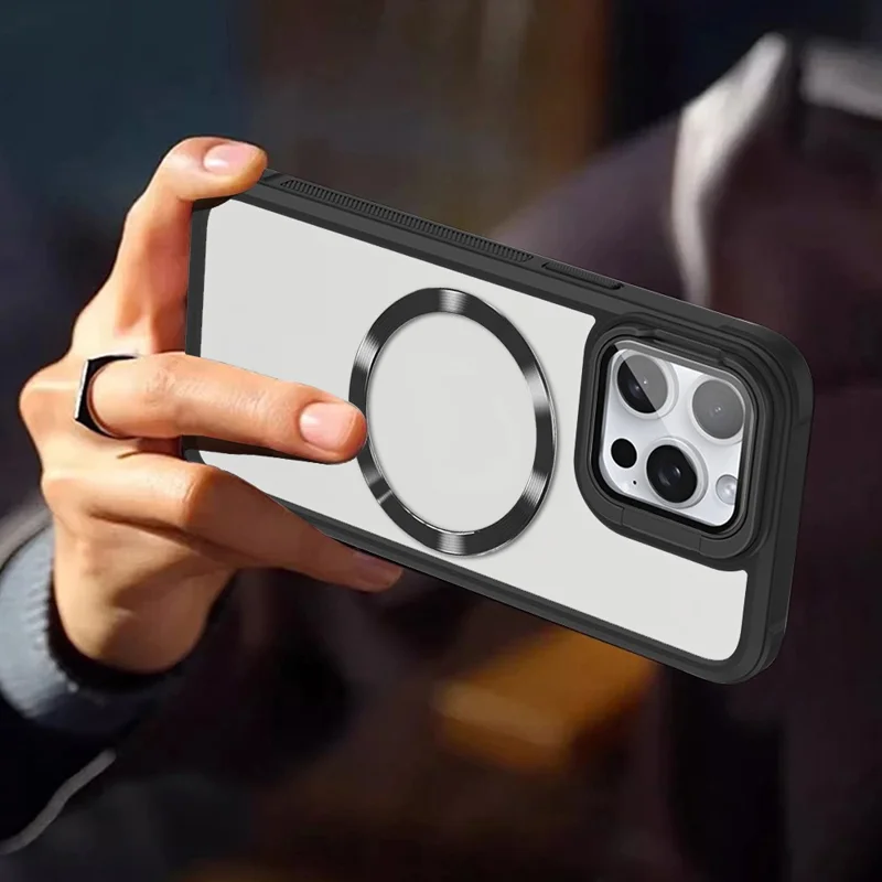 Obudowa na iPhone 15 Pro Max zgodna z MagSafe, z podpórką w ramce obiektywu, pokrywa telefonu akrylowa+TPU - Czarny