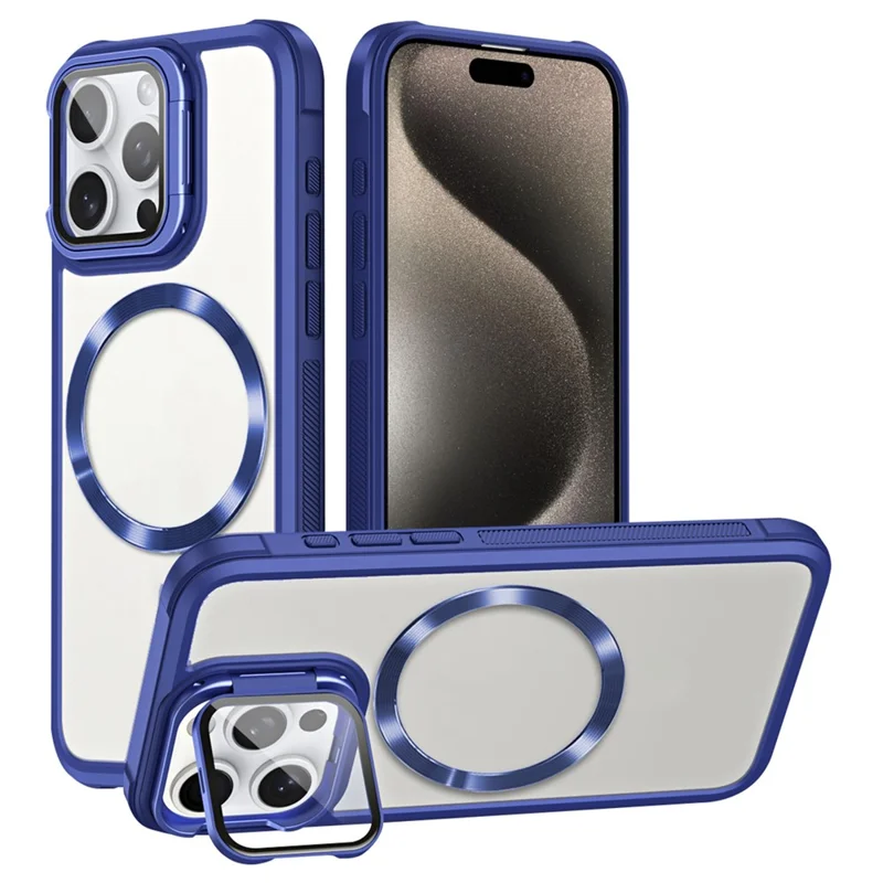 For iPhone 15 Pro Case Lens Frame Kickstand Acrylic+TPU Anti-Drop Phone Cover Compatible with MagSafe - Blue