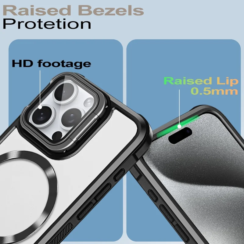For iPhone 15 Pro Case Lens Frame Kickstand Acrylic+TPU Anti-Drop Phone Cover Compatible with MagSafe - Blue