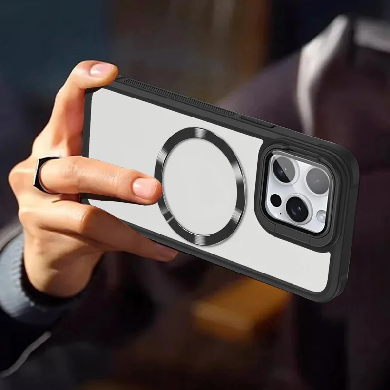 For iPhone 15 Pro Case Lens Frame Kickstand Acrylic+TPU Anti-Drop Phone Cover Compatible with MagSafe - Blue