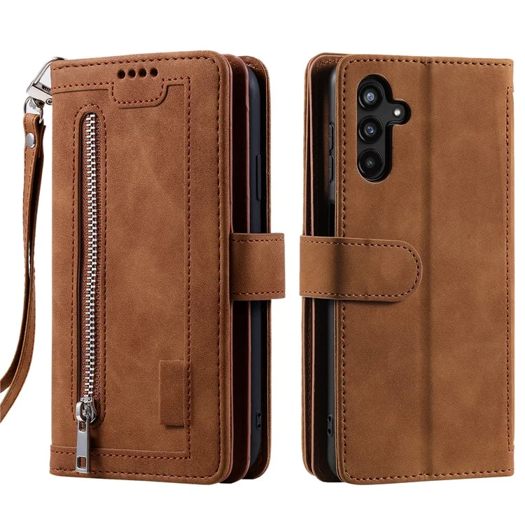 Para Samsung Galaxy A16 5G / A16 4G Case PU Leather Phone Cover com Zíper Carteira 9 Slots para Cartão - Marrom