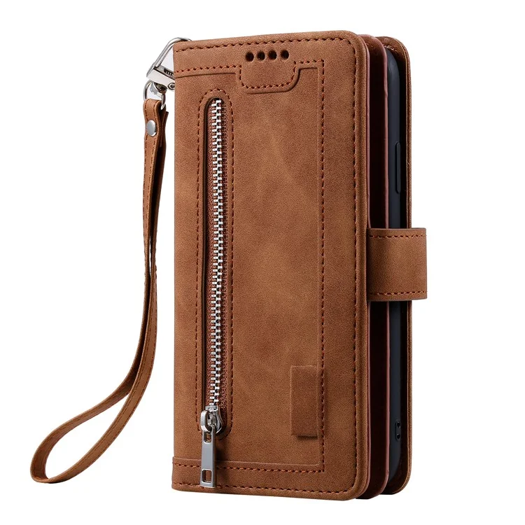 Para Samsung Galaxy A16 5G / A16 4G Case PU Leather Phone Cover com Zíper Carteira 9 Slots para Cartão - Marrom