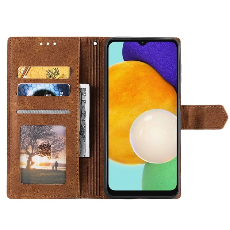 For Samsung Galaxy A16 5G / A16 4G Leather Case Splicing Stitching Wallet Stand Phone Cover with Strap - Brown