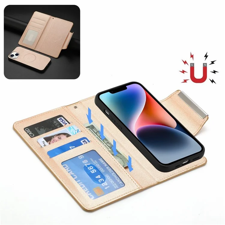 Para Iphone 14 Ultra-fino Destacável à Prova de Vaso Magnético da Carteira de Couro de Couro Casca de Capa - Ouro