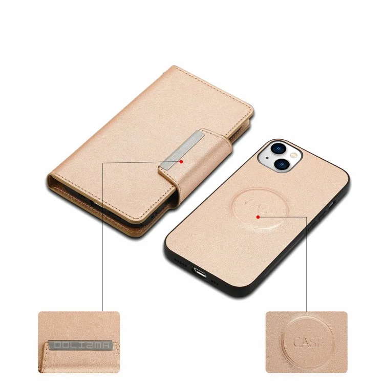 Para Iphone 14 Ultra-fino Destacável à Prova de Vaso Magnético da Carteira de Couro de Couro Casca de Capa - Ouro