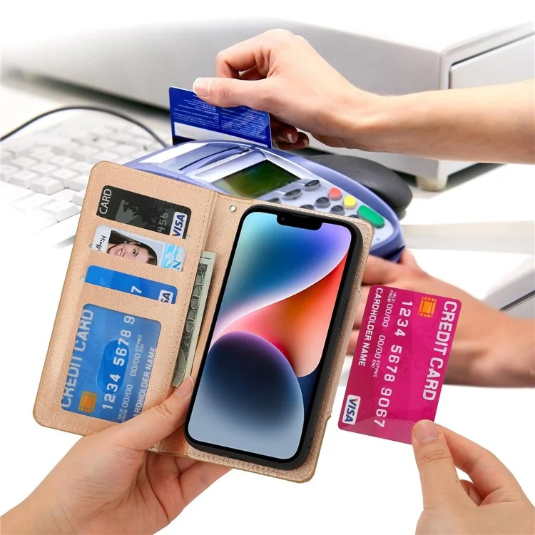 Para Iphone 14 Ultra-fino Destacável à Prova de Vaso Magnético da Carteira de Couro de Couro Casca de Capa - Ouro