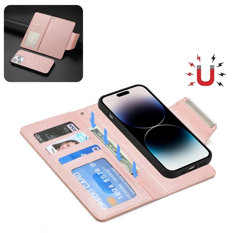 For iPhone 14 Pro Ultra-thin Detachable Leather Wallet Phone Case Shockproof Magnetic Clasp Cellphone Shell - Rose Gold