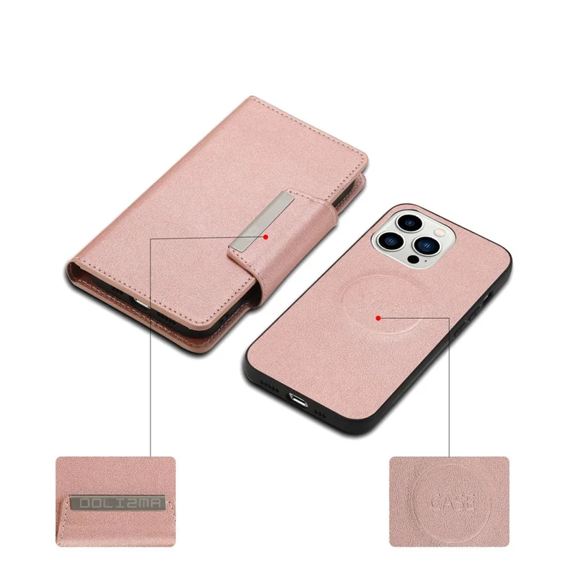 For iPhone 14 Pro Ultra-thin Detachable Leather Wallet Phone Case Shockproof Magnetic Clasp Cellphone Shell - Rose Gold