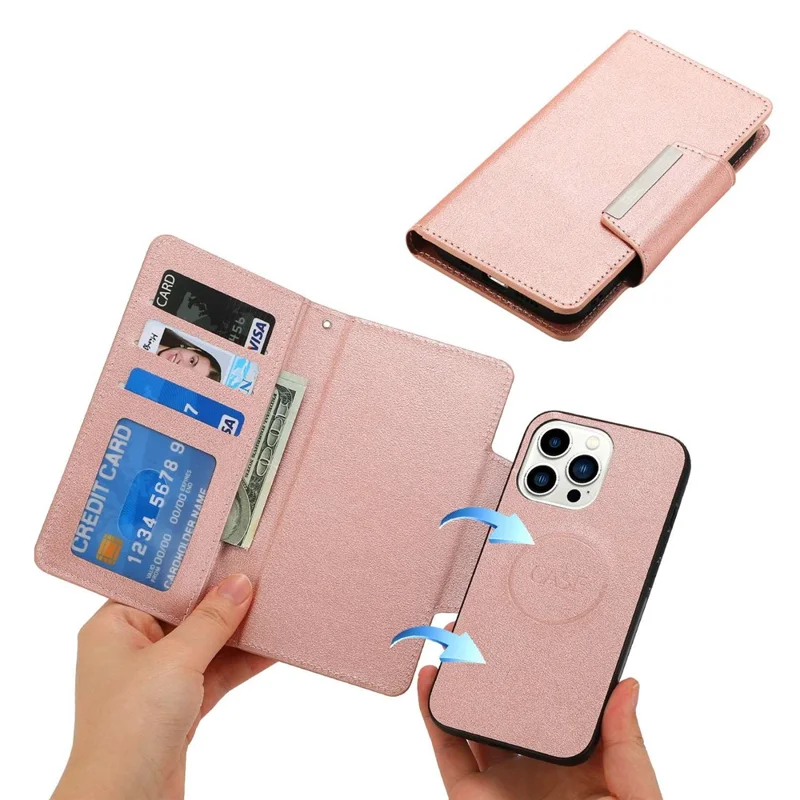For iPhone 14 Pro Ultra-thin Detachable Leather Wallet Phone Case Shockproof Magnetic Clasp Cellphone Shell - Rose Gold