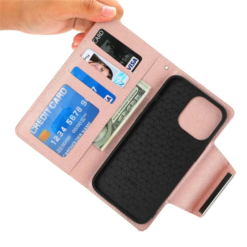 For iPhone 14 Pro Ultra-thin Detachable Leather Wallet Phone Case Shockproof Magnetic Clasp Cellphone Shell - Rose Gold