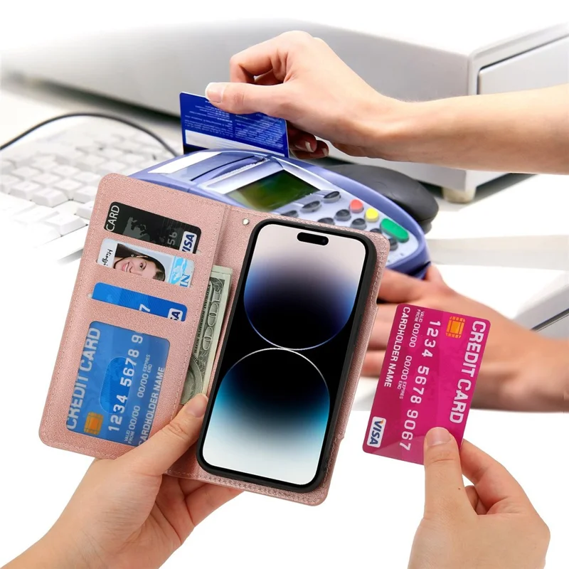 For iPhone 14 Pro Ultra-thin Detachable Leather Wallet Phone Case Shockproof Magnetic Clasp Cellphone Shell - Rose Gold