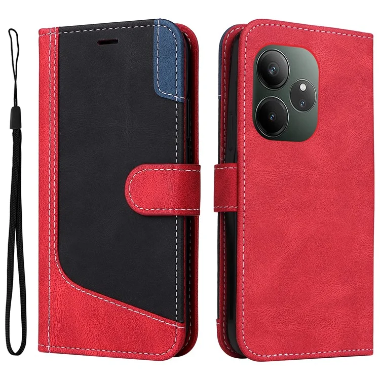 For Realme GT 6 5G Case PU Leather Wallet Phone Cover Magnetic Clasp, 3 Color Splicing - Red