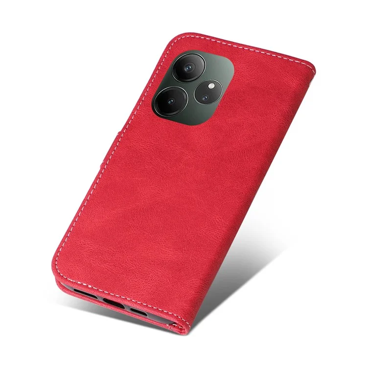 For Realme GT 6 5G Case PU Leather Wallet Phone Cover Magnetic Clasp, 3 Color Splicing - Red