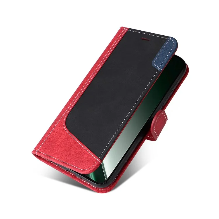 For Realme GT 6 5G Case PU Leather Wallet Phone Cover Magnetic Clasp, 3 Color Splicing - Red