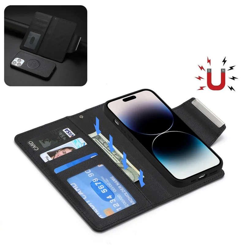 Pour iPhone 14 Pro Max Ultra-fin Portefeuille Détachable Étui de Téléphone en Cuir Anti-chute Boucle Magnétique Coque de Téléphone - Noir