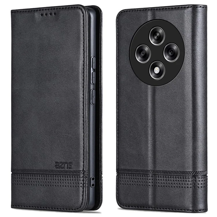AZNS For Oppo Reno12 F 5G Funda de Cartera Textura de Piel de Vaca Piel Sintética Folio Flip Funda de Teléfono - Negro