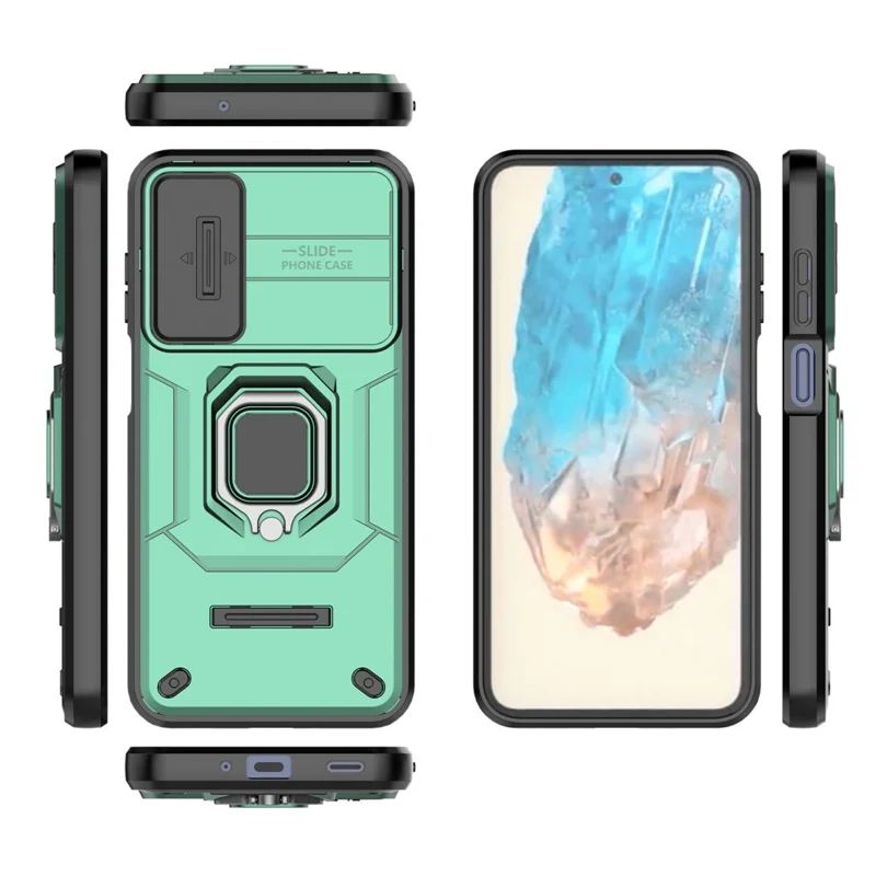 For Samsung Galaxy M35 5G Case PC+TPU Kickstand Phone Protector with Lens Cover - Green