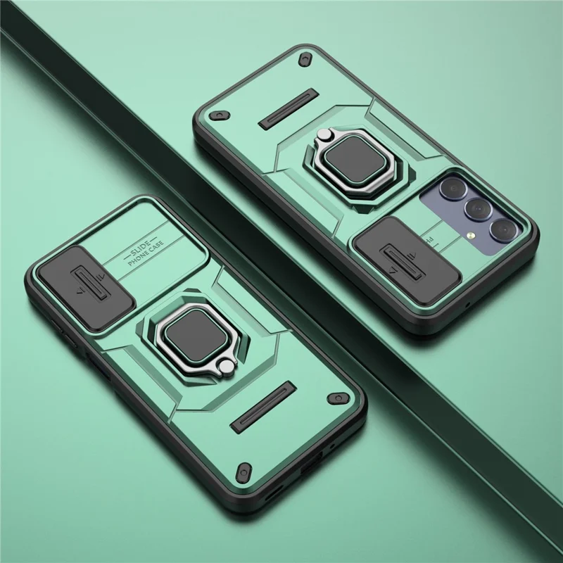 For Samsung Galaxy M35 5G Case PC+TPU Kickstand Phone Protector with Lens Cover - Green