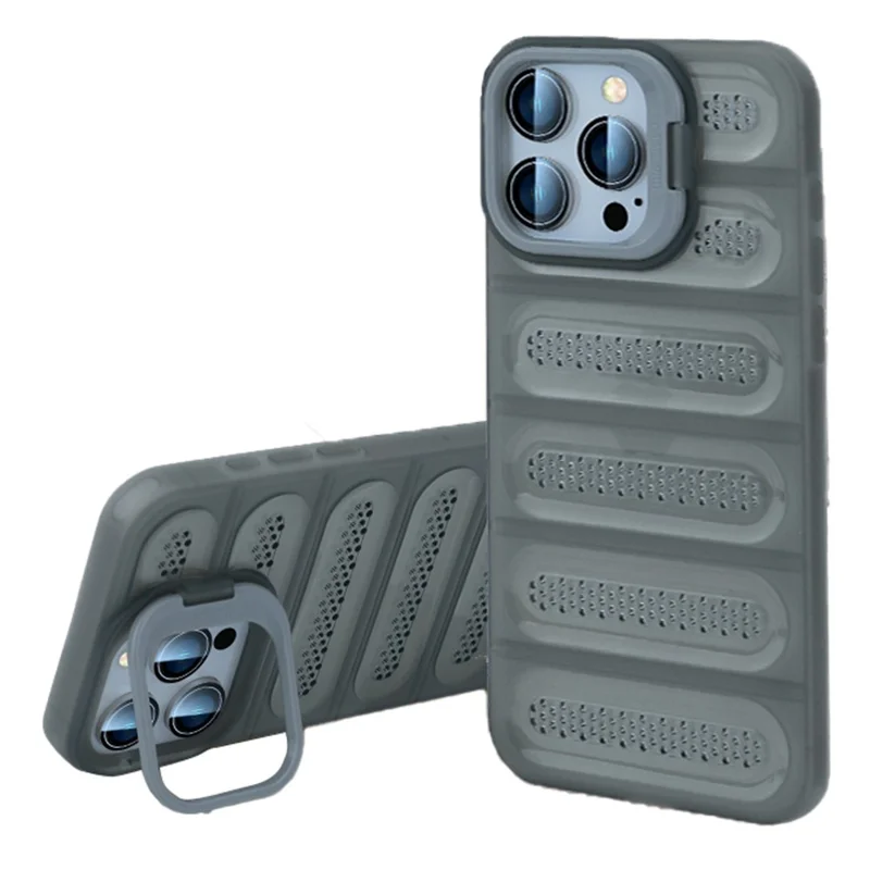 For iPhone 14 Pro Case Heat Dissipation Kickstand Airbags Anti-Drop TPU+PC Phone Cover - Transparent Grey