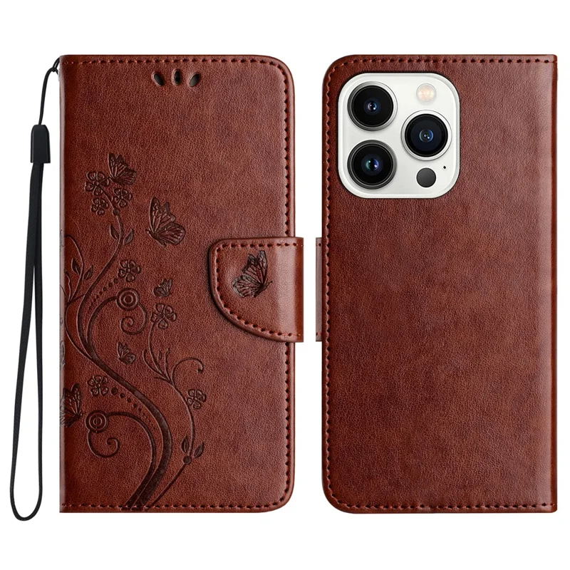 For iPhone 16 Pro Max Leather Case Butterflies Flower Pattern Wallet Stand Phone Cover - Brown