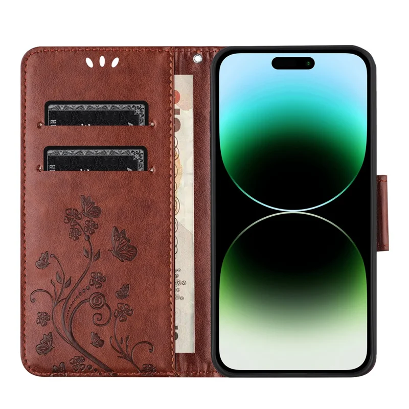 For iPhone 16 Pro Max Leather Case Butterflies Flower Pattern Wallet Stand Phone Cover - Brown