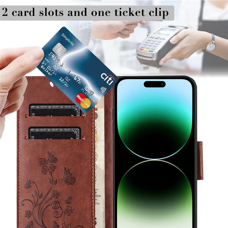 For iPhone 16 Pro Max Leather Case Butterflies Flower Pattern Wallet Stand Phone Cover - Brown