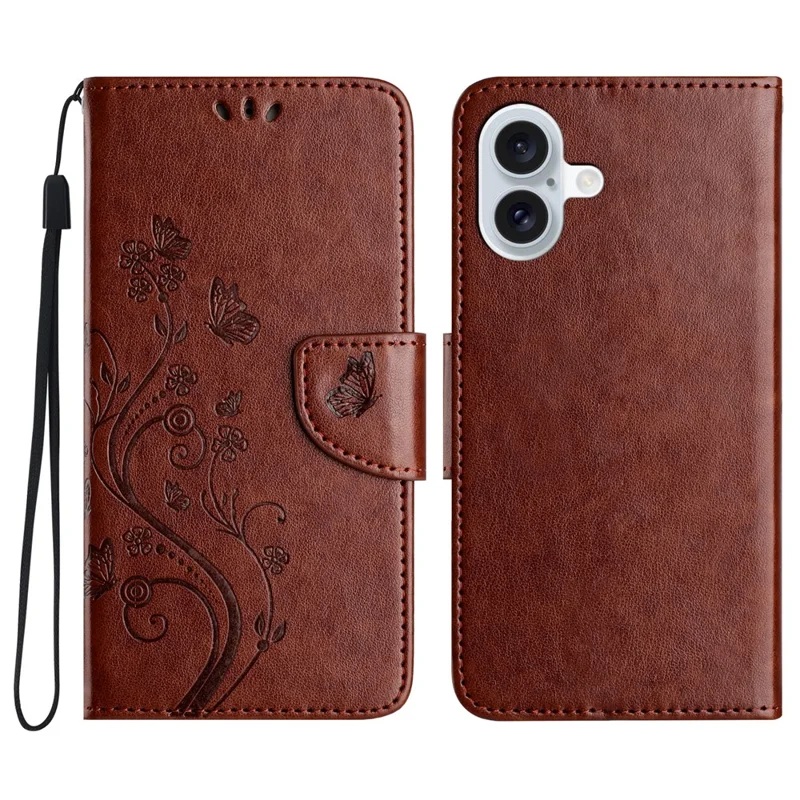For iPhone 16 Leather Case Butterflies Flower Pattern Wallet Stand Phone Cover - Brown