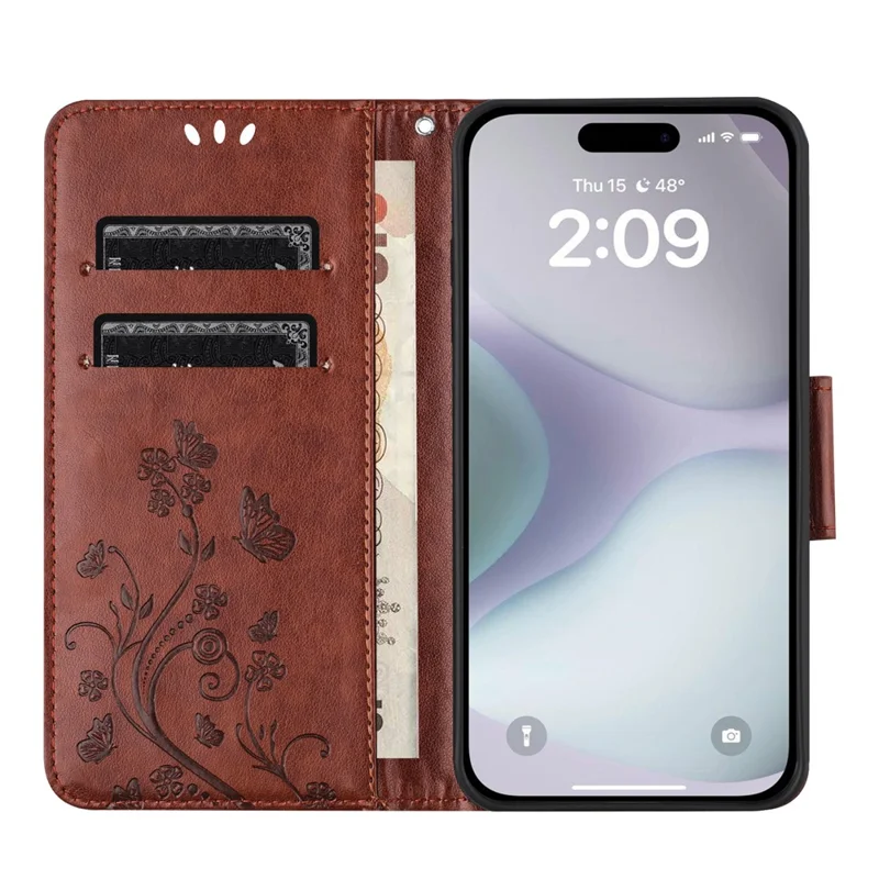 For iPhone 16 Leather Case Butterflies Flower Pattern Wallet Stand Phone Cover - Brown