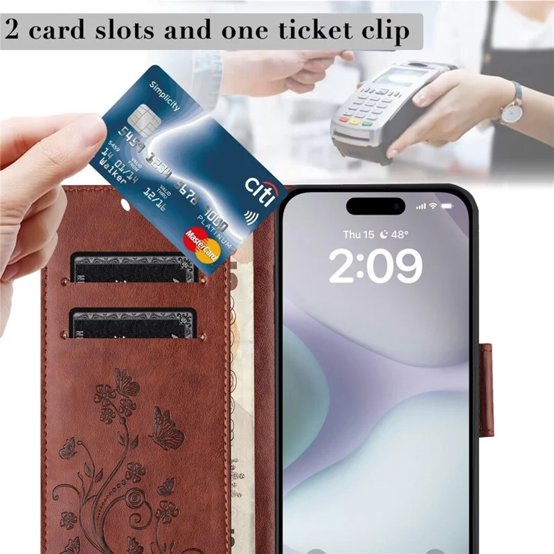 For iPhone 16 Leather Case Butterflies Flower Pattern Wallet Stand Phone Cover - Brown