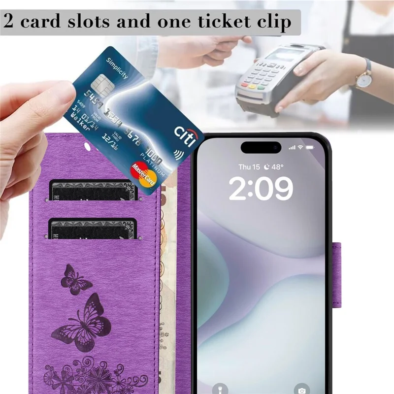 For iPhone 16 Case Butterflies Flower Leather Wallet Flip Phone Cover - Purple