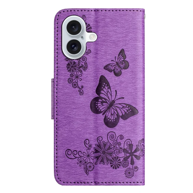 For iPhone 16 Case Butterflies Flower Leather Wallet Flip Phone Cover - Purple