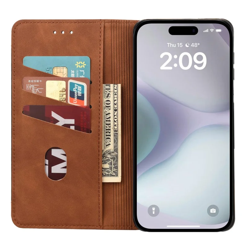 For iPhone 16 Case PU Leather Shockproof Protection Wallet Phone Cover - Brown