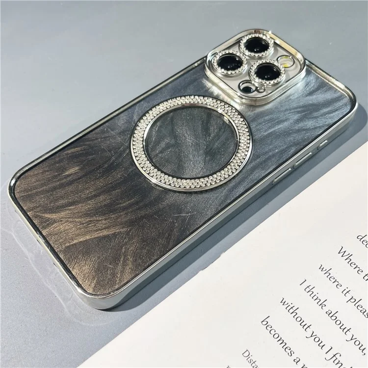 Para iPhone 14 Pro Max Magnetic Case Feather Texture Bling Sparkly TPU + PC Phone Cover - Silver