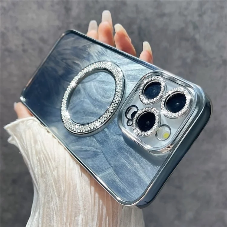 Para iPhone 14 Pro Max Magnetic Case Feather Texture Bling Sparkly TPU + PC Phone Cover - Silver