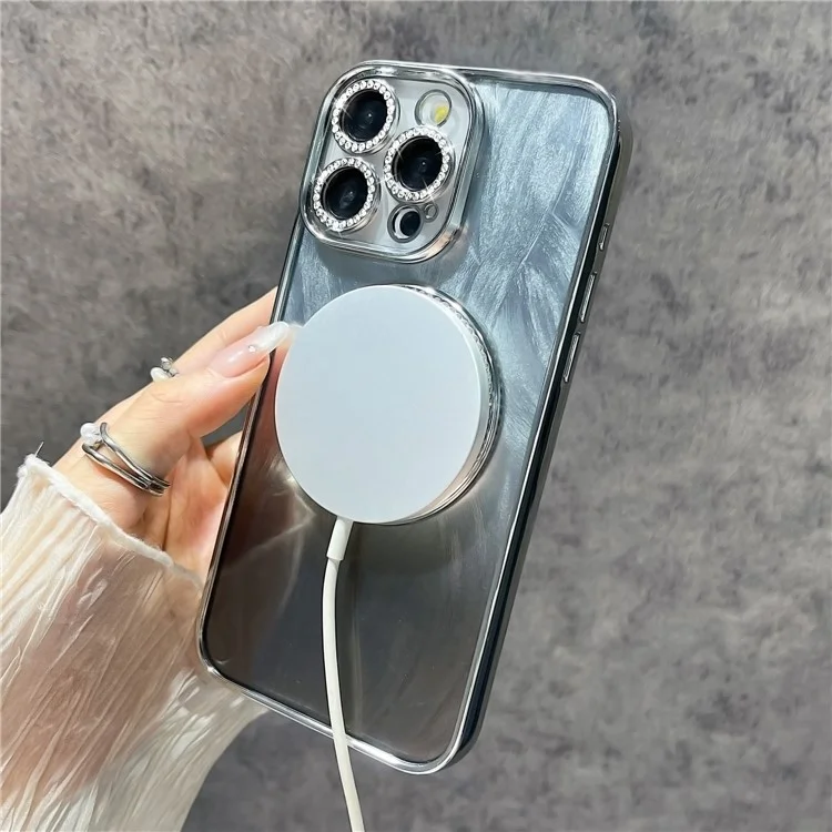 Para iPhone 14 Pro Max Magnetic Case Feather Texture Bling Sparkly TPU + PC Phone Cover - Silver